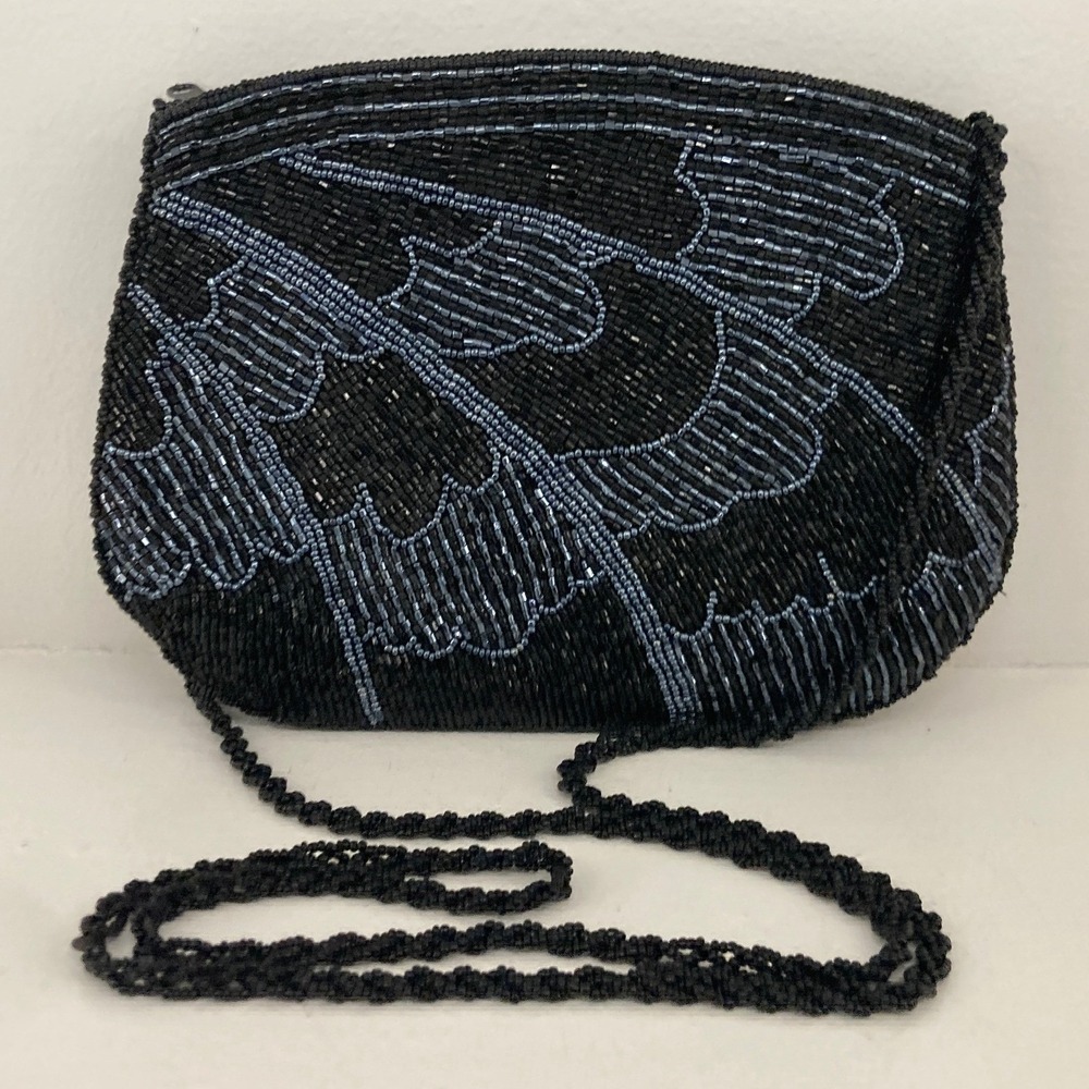 VTG Beaded Art Deco Shell Crossbody Evening Bag Black Blue Retro Gatsby Flapper